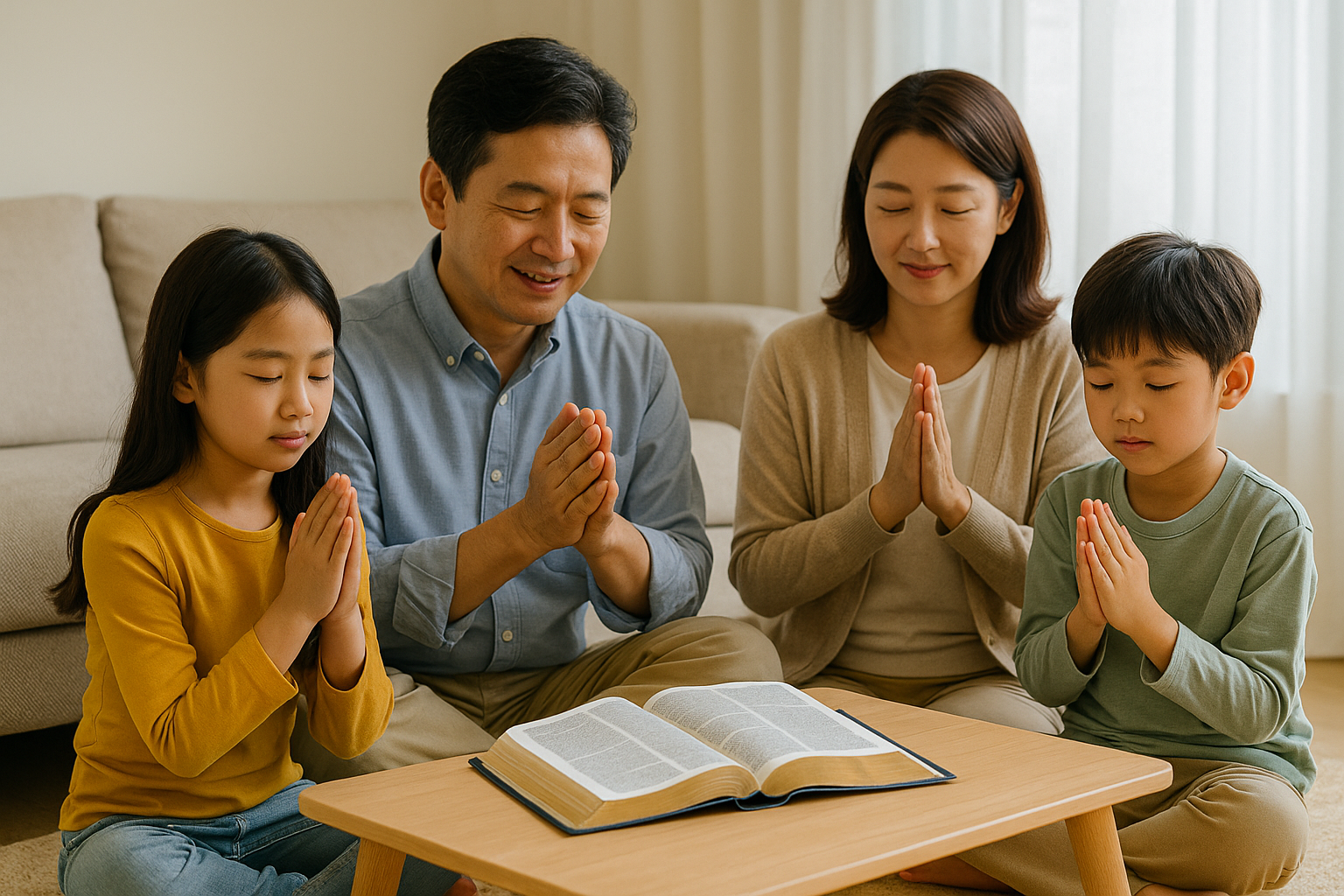 “한국 가정의 네 식구가 거실에 모여 식탁 위 성경책을 펴놓고 함께 기도하는 모습. 추석 명절의 은혜롭고 따뜻한 가정예배 장면.”