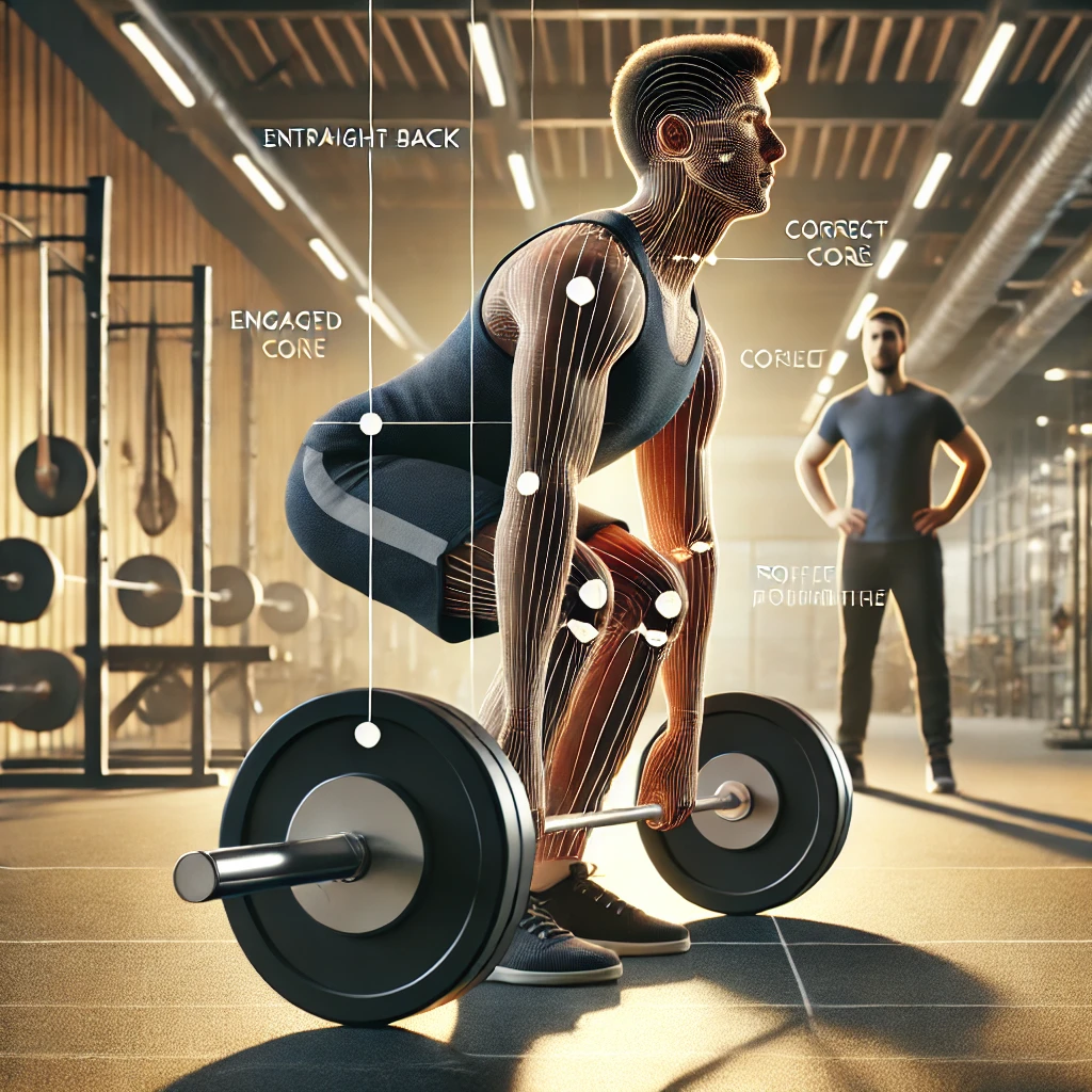 헬스장에서 데드리프트를 올바른 자세로 수행하는 사람과 이를 지도하는 트레이너. 올바른 자세 유지 및 허리 보호를 강조하는 교육적인 장면.