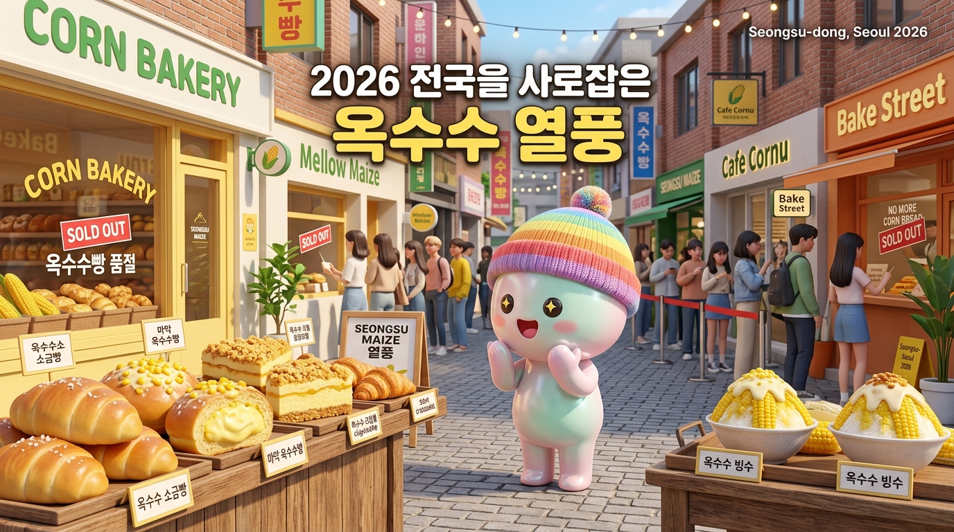 쫀쿠가 트렌디한 서울 성수동 카페 거리(2026년 스타일)에 신나는 표정으로 서 있고, 주변에 다양한 옥수수 맛 베이커리 제품들이 아름답게 전시된 장면. 옥수수 모양 소금빵, 초당옥수수 크림빵, 옥수수 크럼블 치즈케이크, 옥수수 빙수, 옥수수 크루아상. 'SOLD OUT' 사인과 긴 고객 대기줄이 있는 여러 카페 매장. 한글 텍스트: '2026 전국을 사로잡은 옥수수 열풍'.