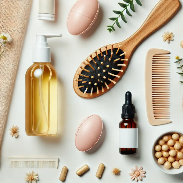 탈모 예방을 상징하는 헤어 케어 제품 플랫레이