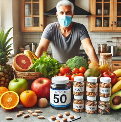 50대 남성이 채소, 과일, 약을 늘어놓고 있는 사진
