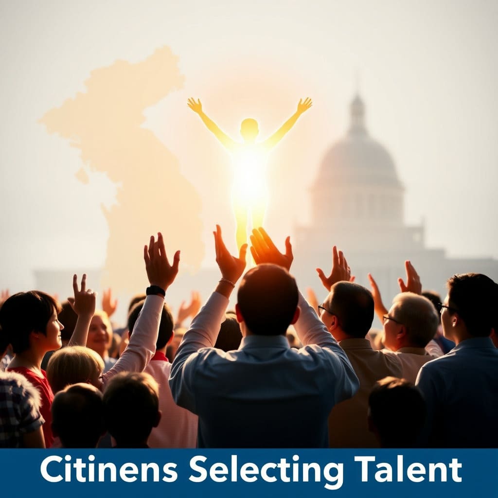 다양한 연령대와 직업을 가진 국민들이 손을 모아 빛나는 인재를 위로 들어 올리는 모습을 표현합니다. 배경에는 대한민국 지도나 국회의사당 같은 상징적인 건물을 흐릿하게 배치하여 공공의 의미를 강조할 수 있습니다.