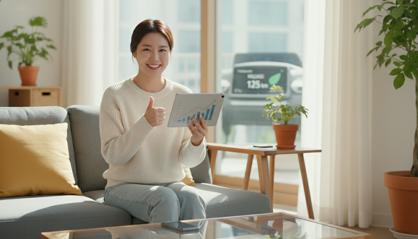 자동차 주행거리 감축으로 탄소중립포인트 혜택을 계산하며 기뻐하는 현대 한국인.