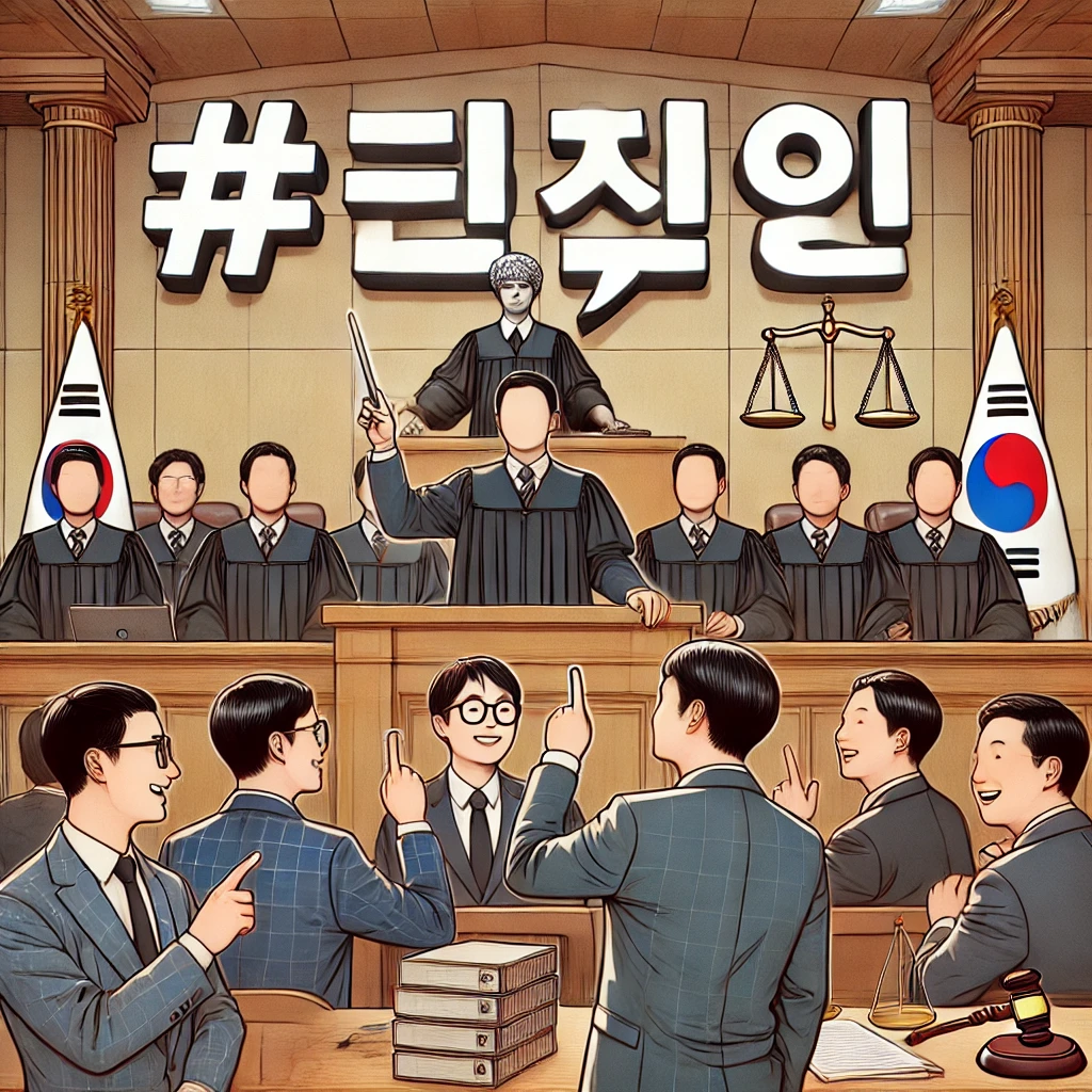 한국의 법정에서 판사와 변호사들이 있는 장면