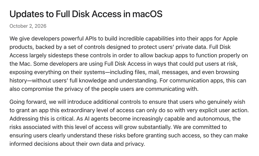 애플 개발자 뉴스 Updates to Full Disk Access in macOS, 2026년 10월 2일 공지 원문