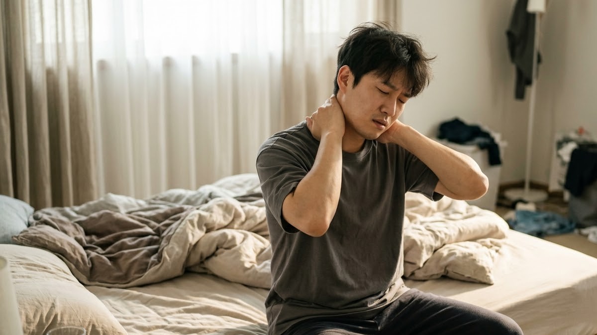 아침에 침대에 앉아 목과 어깨를 주무르는 남성