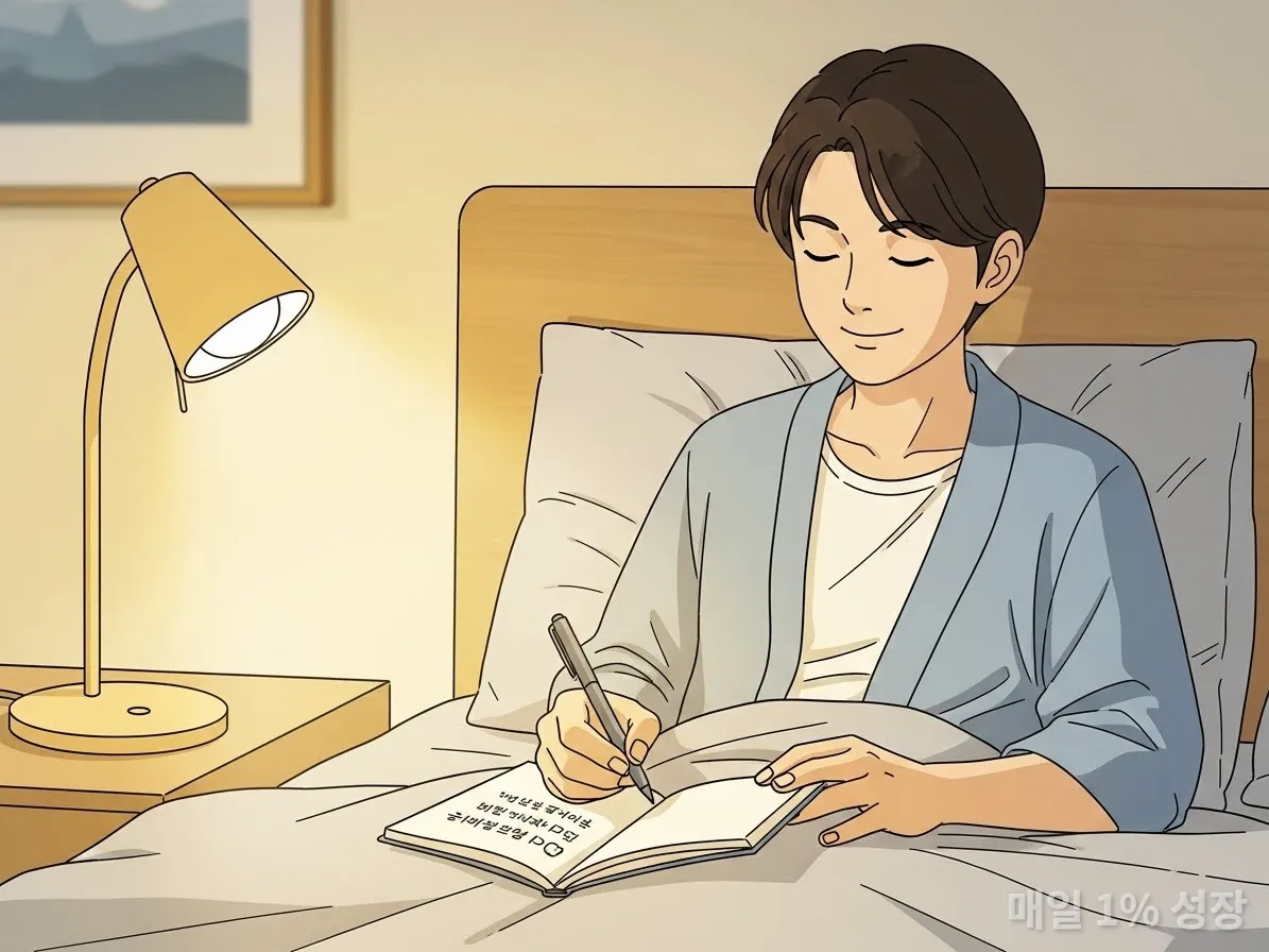 잠들기 전 감사 일기를 쓰며 미소 짓는 한국인의 평온한 모습