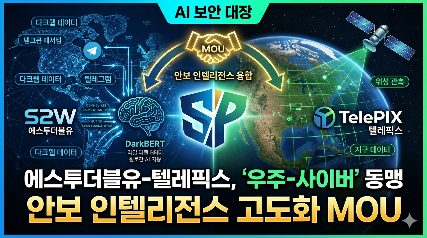 S2W(에스투더블유)와 텔레픽스(TelePIX)의 안보 인텔리전스 고도화 및 기술 협력을 위한 MOU(업무협약) 체결을 시각화한 블로그 썸네일 이미지.
