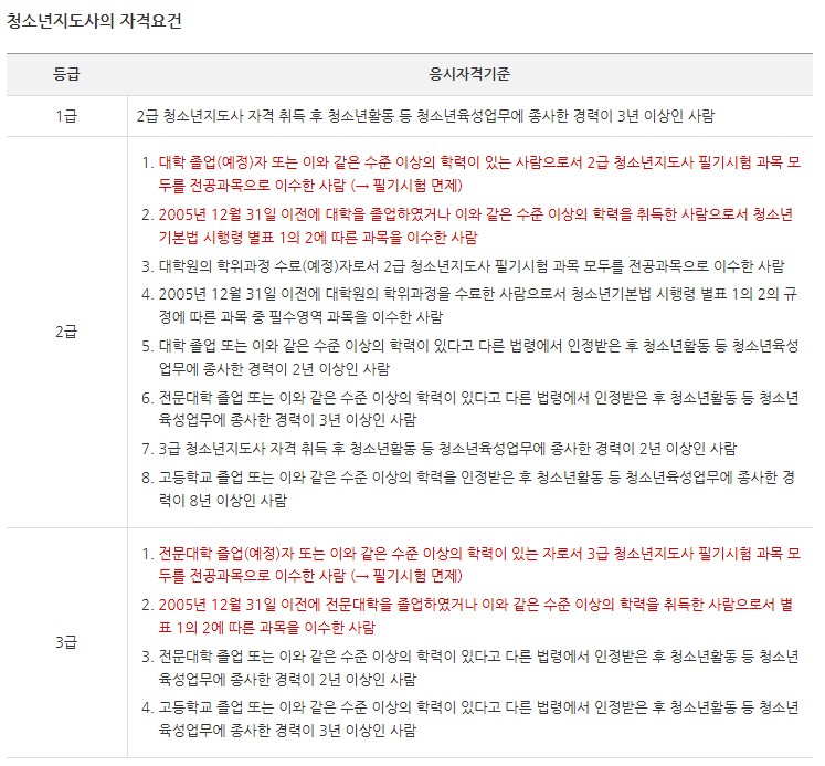 청소년지도사 1급, 2급, 3급 등급별로 필요한 학력, 전공, 실무경력 요건이 구체적으로 표기된 이미지. 특히 2급 응시자격이 다양한 경로로 구성되어 있으며, 전공자와 비전공자의 차이점이 구체적으로 안내되어 있어 실수험자에게 실질적인 도움이 되는 구성.