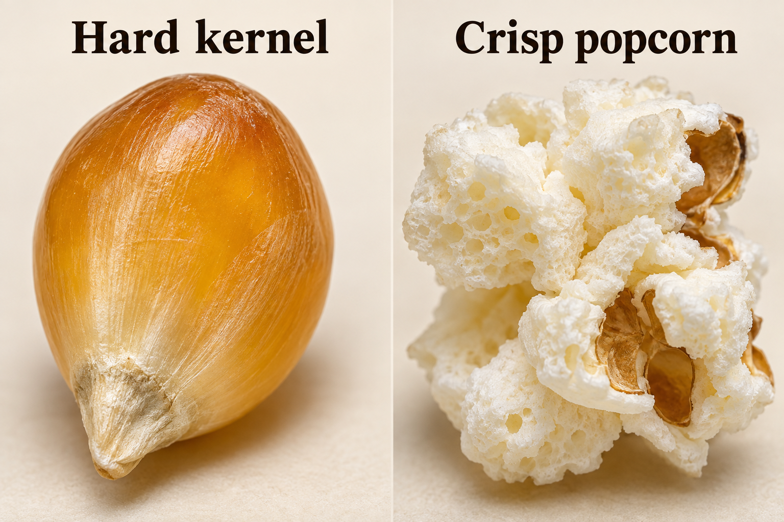 A close-up illustration of a hard kernel and crisp popcorn.