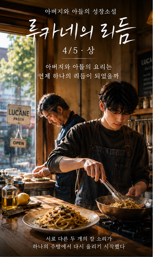 A teenage son cooks pasta in the foreground of a warmly lit family restaurant while his father works behind him in the same kitchen. The cover represents &ldquo;Lucane&rsquo;s Rhythm&rdquo; Part 4-1, showing the father and son beginning to move together in the kitchen while keeping their own distinct cooking rhythms.