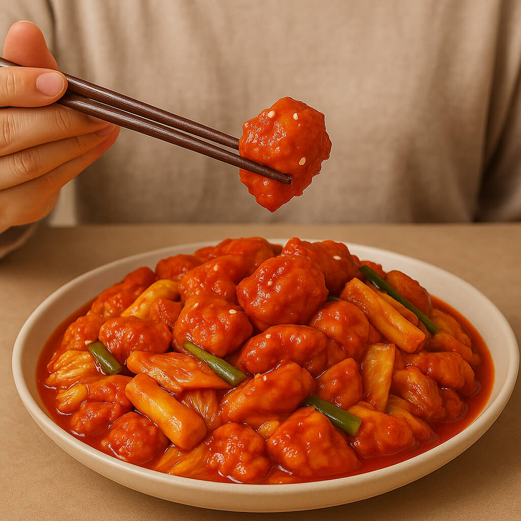 젓가락으로 맛있게 먹는 닭갈비