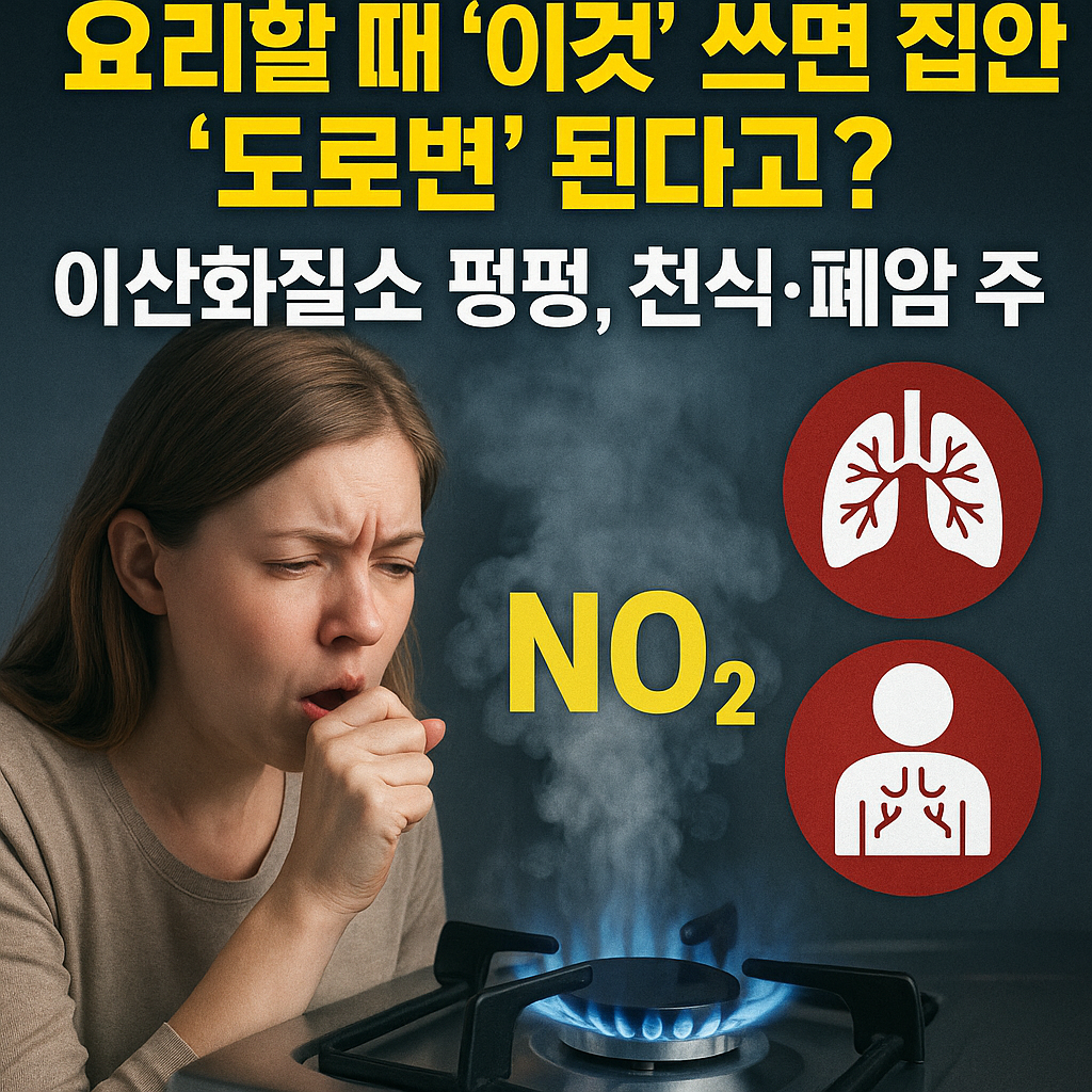 가스레인지 사용 시 발생하는 이산화질소가 천식과 폐암 위험을 높인다는 내용을 경고하는 뉴스형 썸네일 이미지