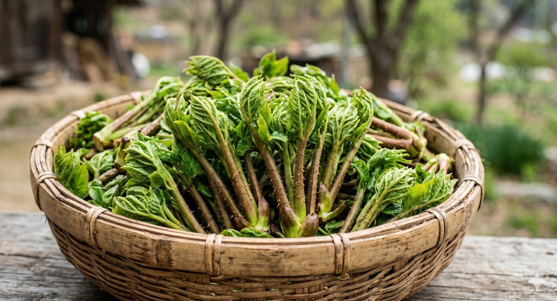 갓 수확한 싱싱하고 통통한 참두릅이 담긴 대나무 바구니.