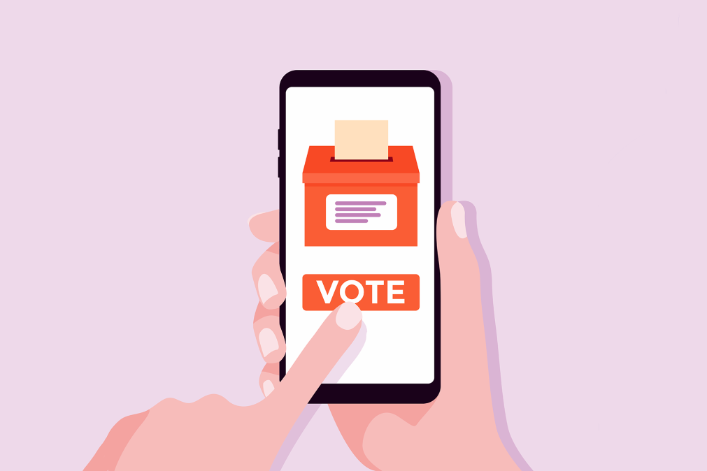 현역가왕3 투표를 모바일 앱에서 진행하는 모습을 보여주는 일러스트 이미지