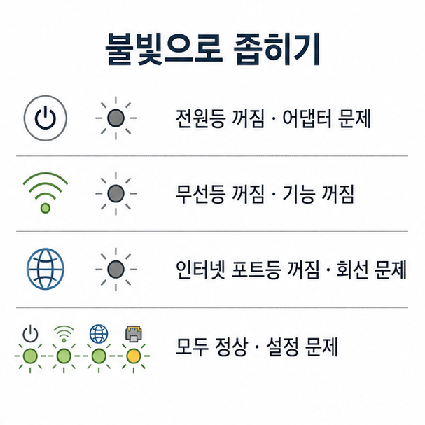 공유기 표시등으로 문제 구간 좁히기, 전원등과 무선등, 인터넷 포트등의 상태별 원인을 정리한 도표