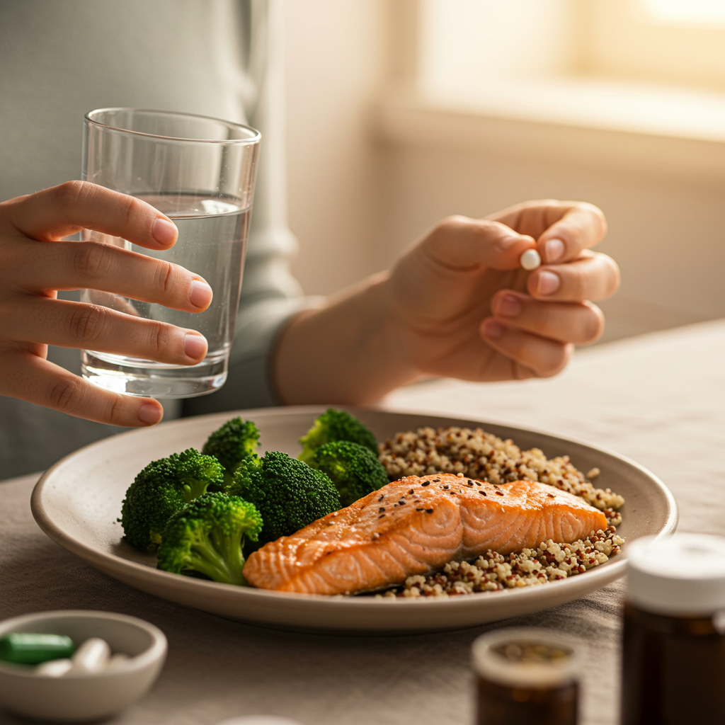 한 사람이 건강한 식사를 앞에 두고 손에 물컵과 약을 들고 있는 모습. 올바른 약 복용 습관을 보여주는 긍정적인 이미지.