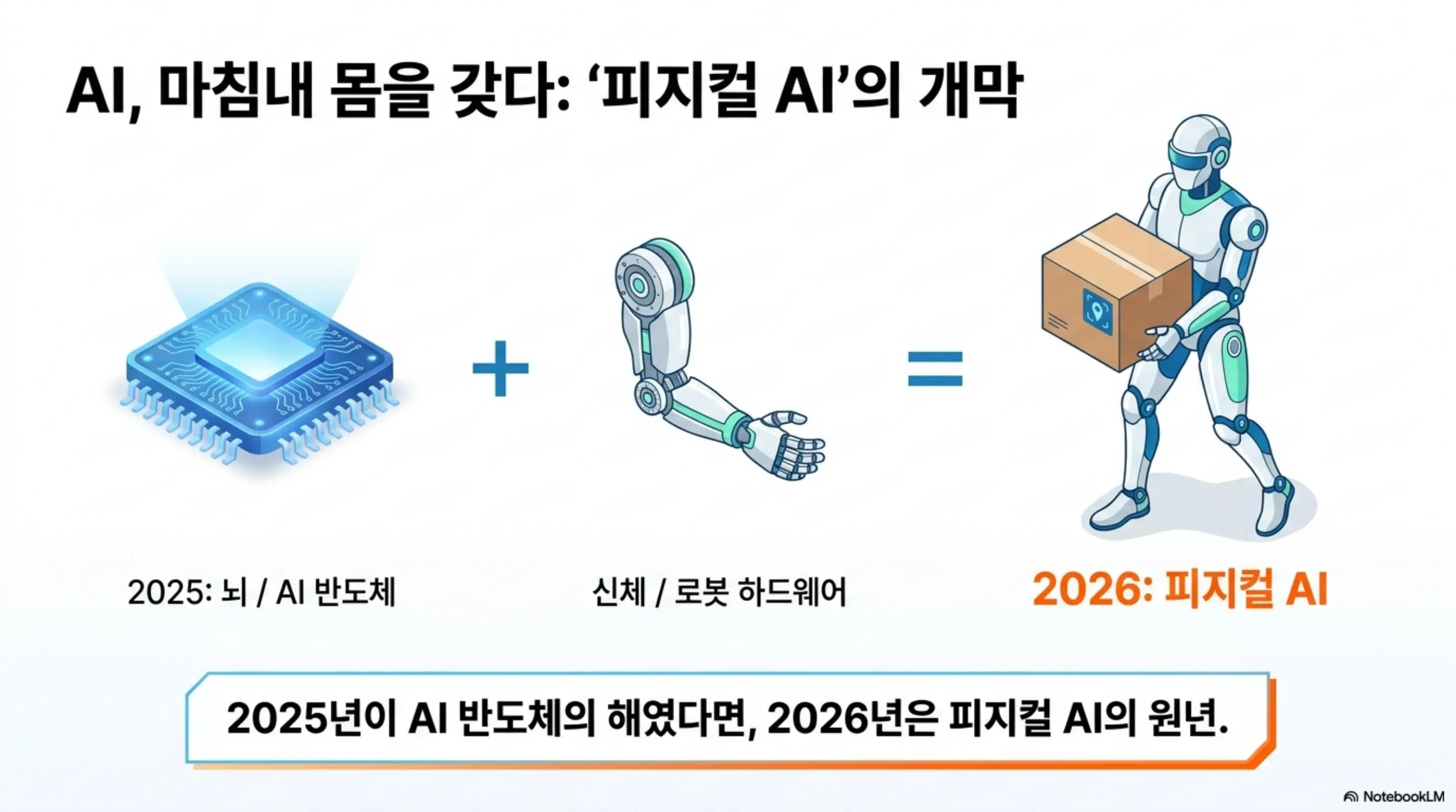 AI 로봇 ETF 비교: AI 반도체 칩과 로봇 팔이 결합해 휴머노이드 로봇이 탄생하는 과정을 보여주는 인포그래픽으로 2025년 AI 반도체 시대에서 2026년 피지컬 AI 시대로의 전환을 시각적으로 설명하는 이미지