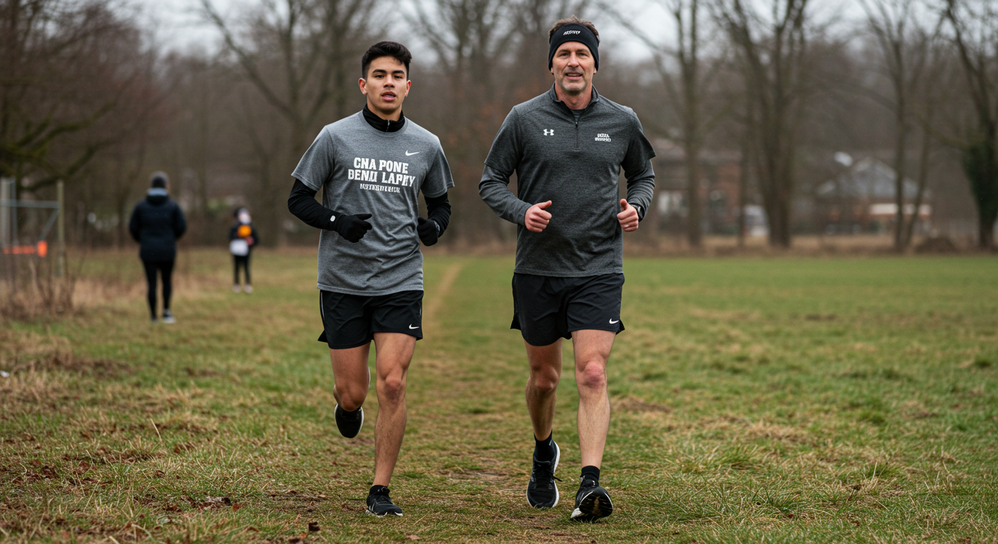 two guys in 20s and in 40s running together