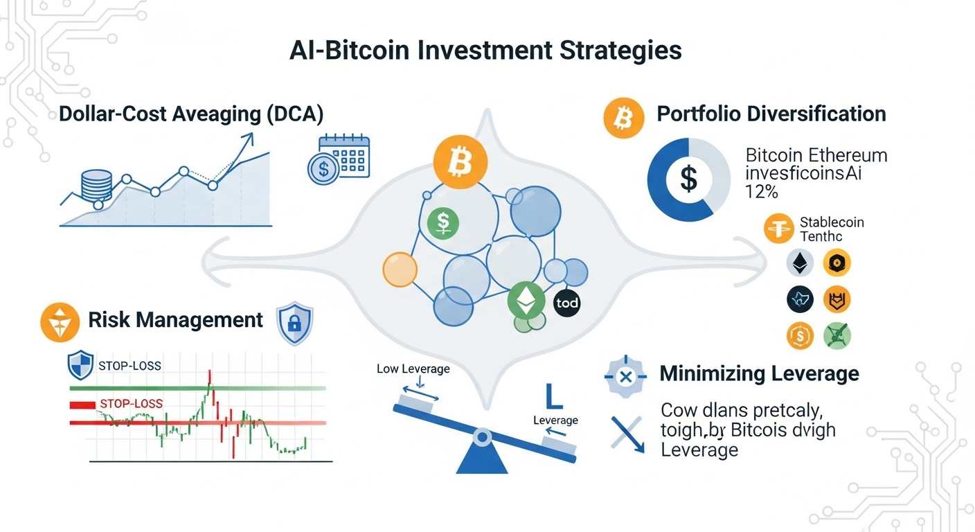 비트코인 투자 전략을 비교하는 인포그래픽. 적립식 매수(DCA), 포트폴리오 분산, 손절매 및 익절, 레버리지 최소화 등 AI가 제안하는 핵심 전략을 나타냄