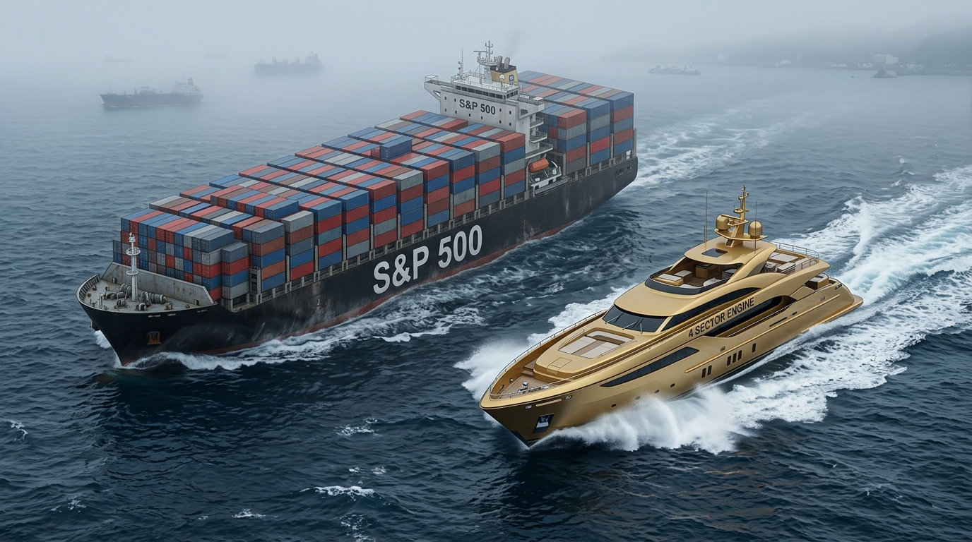 'S&amp;P 500'이라 적힌 크고 느린 화물선이 안개 속을 가고 있고, 그 옆으로 '4 SECTOR ENGINE'을 단 세련된 황금 요트가 파도를 가르며 쾌속 질주하는 시각적 대비 3D 그래픽