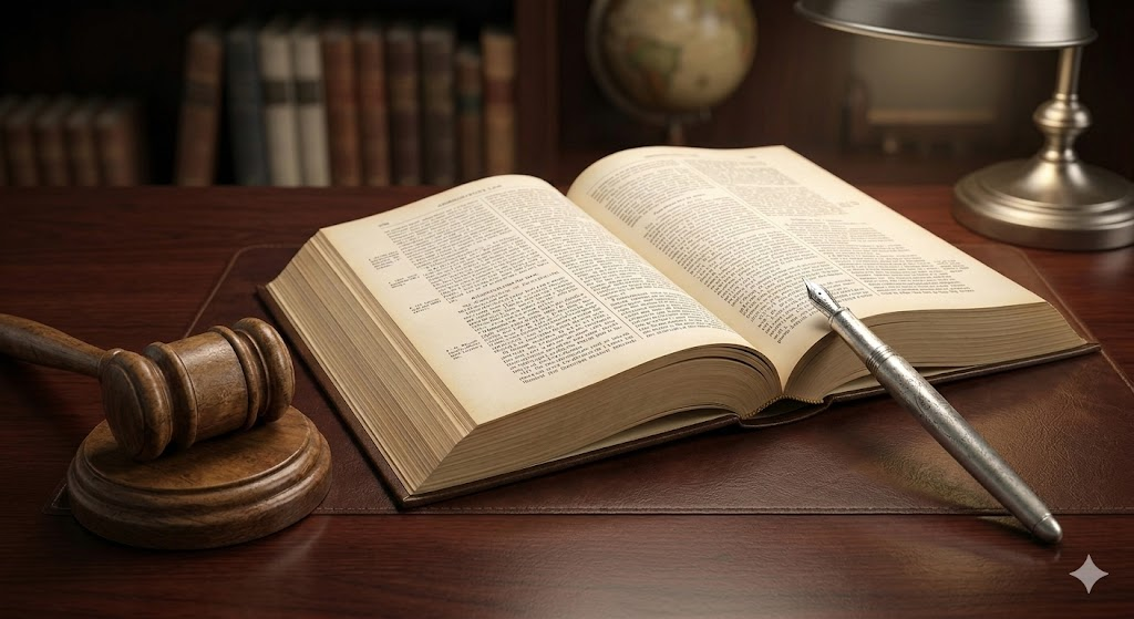 어두운 목제 책상 위에 펼쳐진 두꺼운 행정법전과 은색 만년필, 그리고 법원 판사봉이 배치된 학술적 분위기의 이미지입니다.