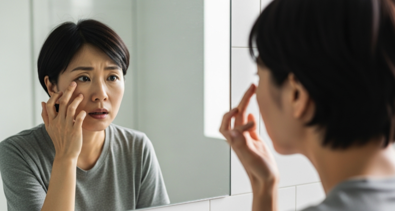 렌즈 착용 후 눈 상태를 확인하며 걱정하는 모습