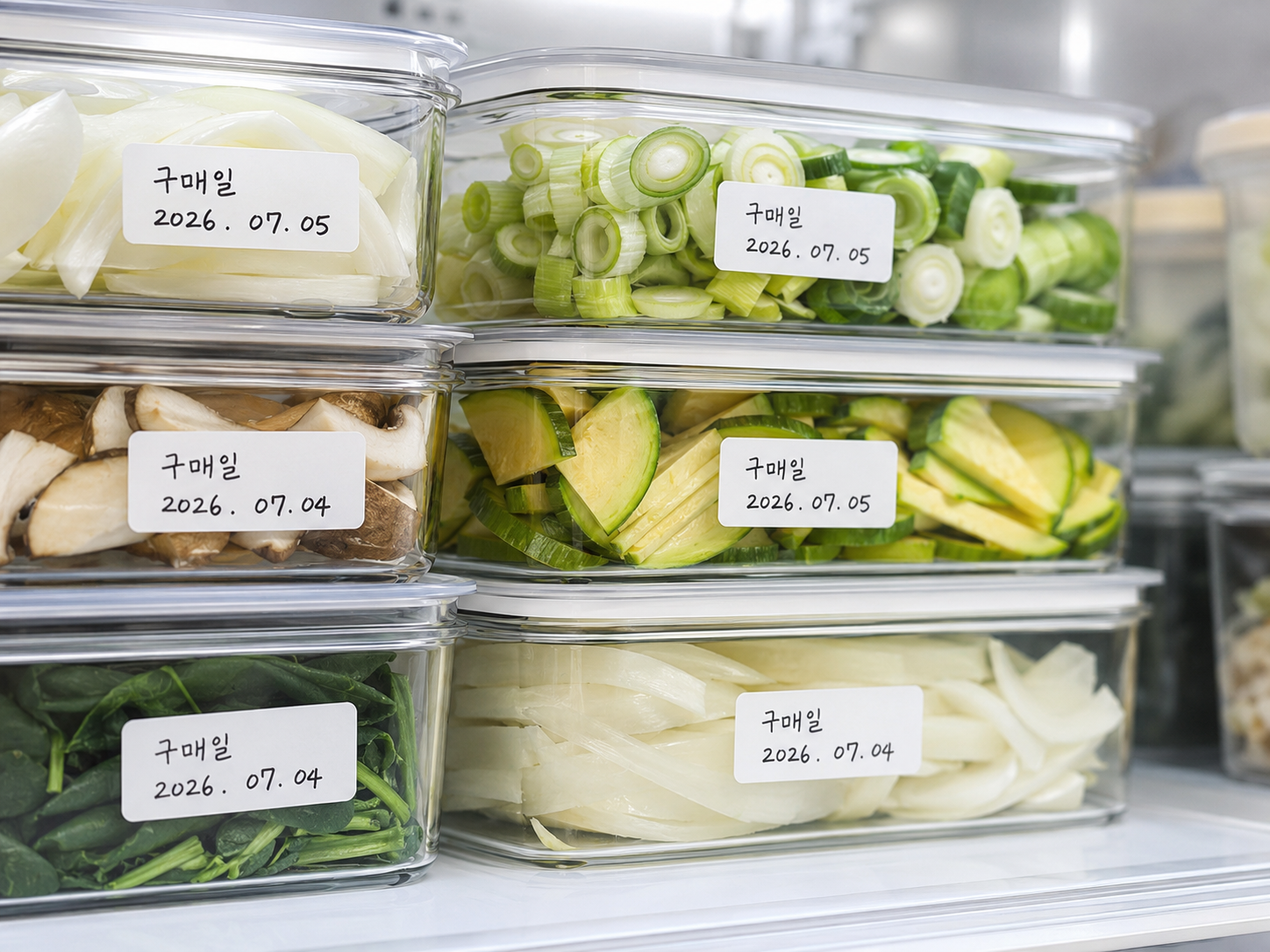 투명한 밀폐 용기에 깔끔하게 소분된 채소들과 그 위에 구매 날짜가 적힌 라벨이 붙어 있어 체계적으로 정리된 냉장고 선반의 모습