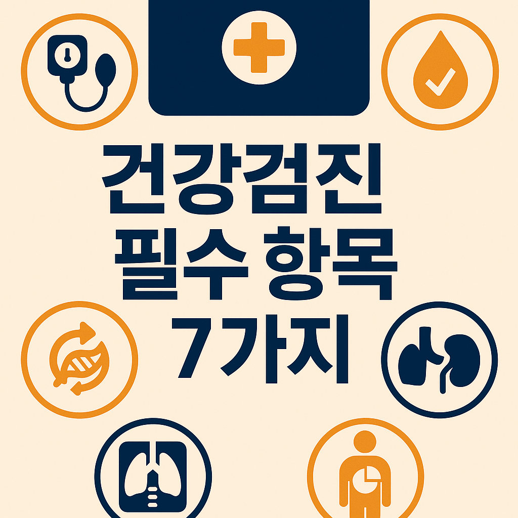 건강검진 필수 항목 7가지를 아이콘 중심으로 표현한 인포그래픽