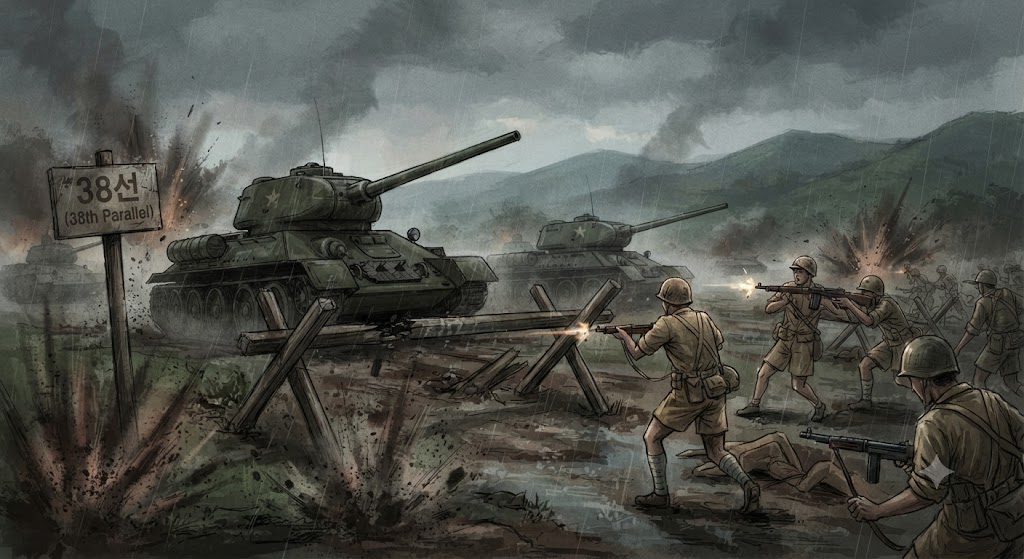1950년 6월 25일 새벽, T-34 탱크를 앞세운 북한군이 38선 표지판을 부수며 남침하는 급박한 순간을 거친 실사풍 일러스트로 표현했습니다. 비가 내리는 어두운 새벽, 포연 속에서 국군 병사가 급히 대응 사격하는 모습이 보이며 전쟁의 참혹한 시작을 알립니다.