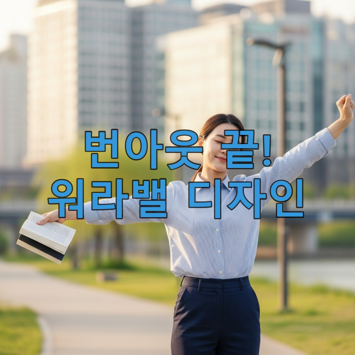 한국의 20대 후반 직장인이 도시 공원에서 편안하게 책을 읽으며 워라밸을 즐기는 모습
