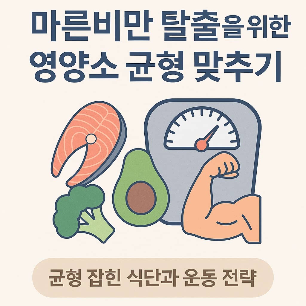 마른비만 탈출을 위한 영양소 균형 맞추기를 주제로 한 연어, 아보카도,브로콜리, 체중계, 근육 그림이 포함된 건강 식단 이미지