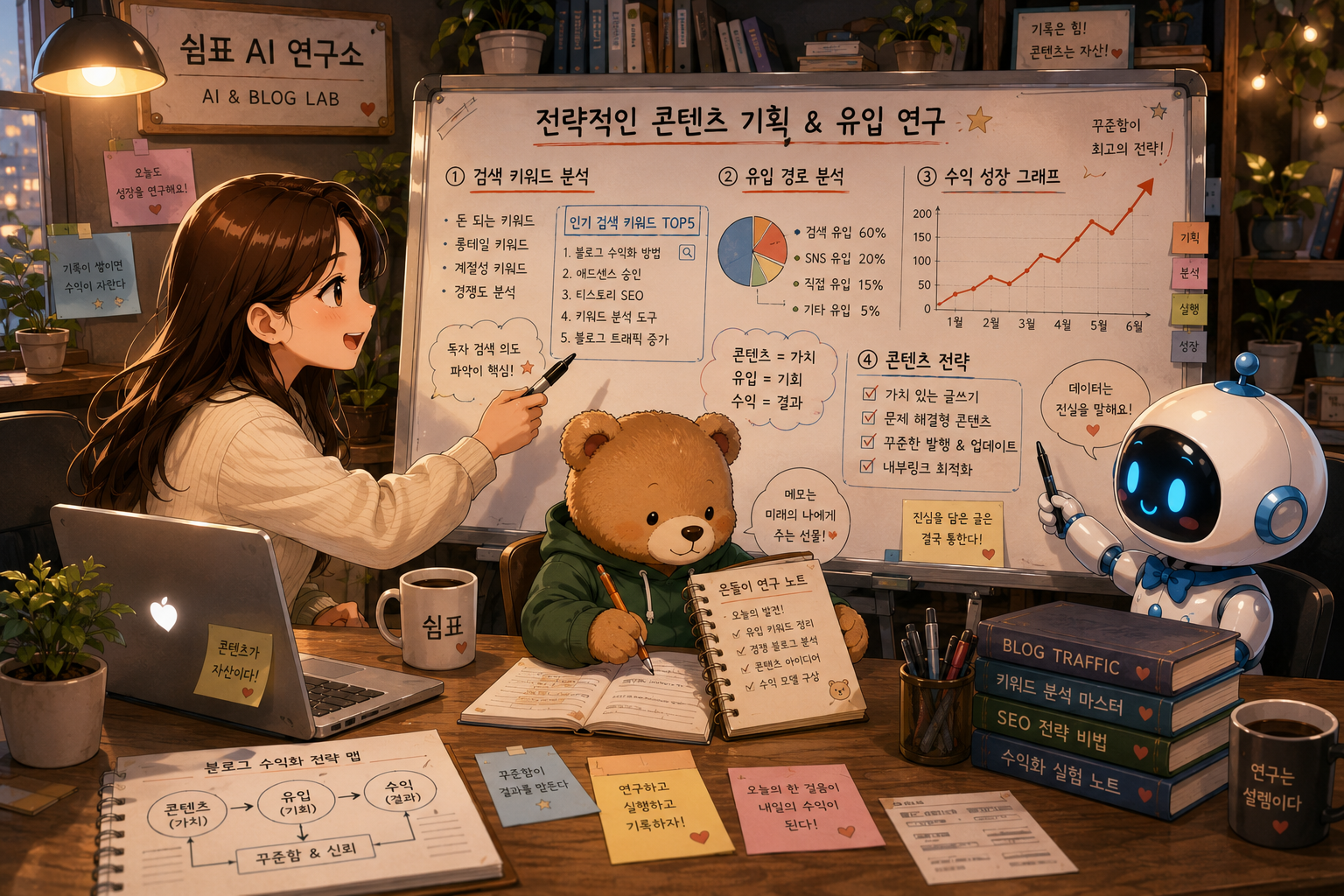 쉼표가 화이트보드에 콘텐츠 기획과 유입 경로 분석을 설명하고, 은돌이와 푸름이가 함께 기록하는 모습.