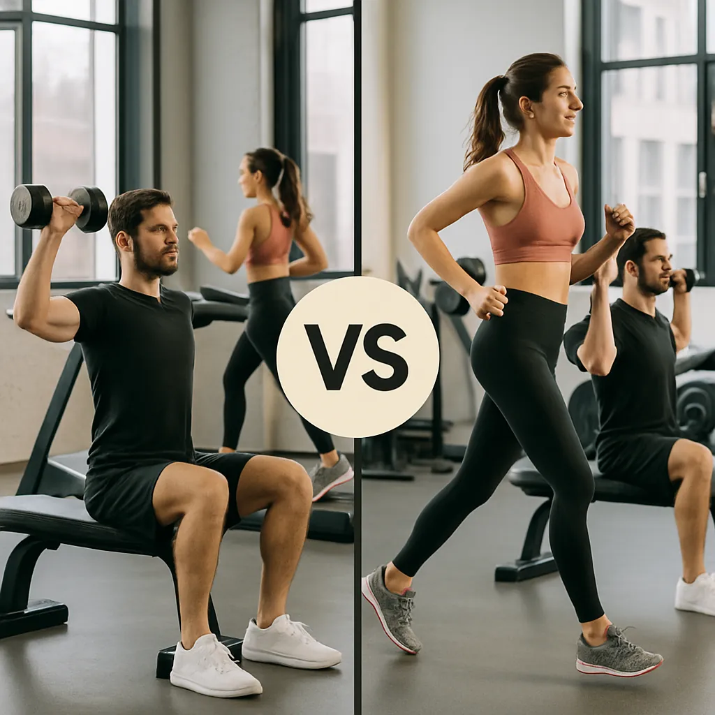 유산소-운동과-근력-운동의-순서를-비교한-사진-좌측은-근력운동을-먼저-하고-뒤에서-러닝머신을-하는-사람-우측은-러닝을-먼저-하고-뒤에서-근력운동을-하는-사람-운동-순서가-신체에-주는-차이를-시각적으로-표현