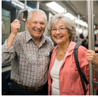 연금제도의 문제점들을 개선하여 노후 복지의 합리적인 제도 개편으로 선진 국가에 맞는 혜택에 만족하면서 지하철 타는 노부부