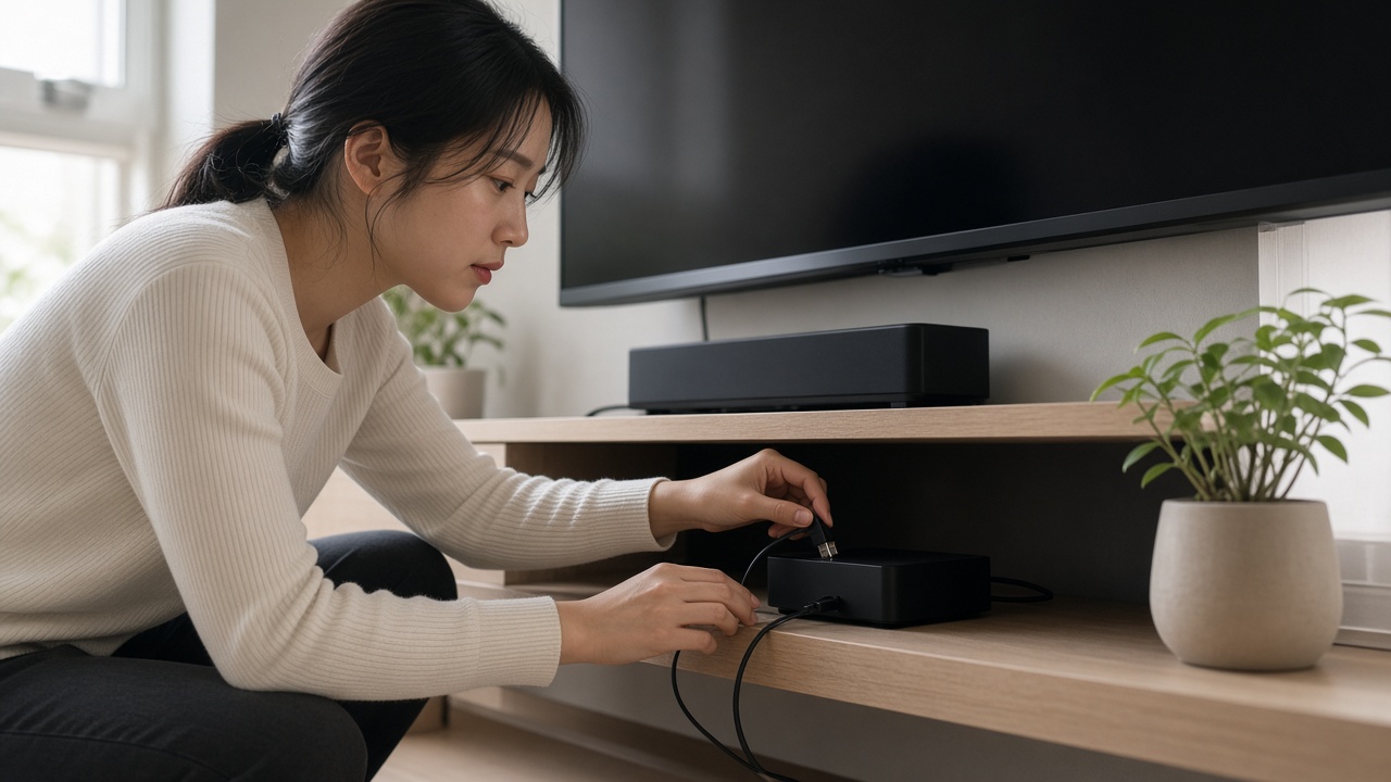TV 아래 선반에 셋톱박스를 연결하고 랜선을 꽂는 20대 한국인 여성