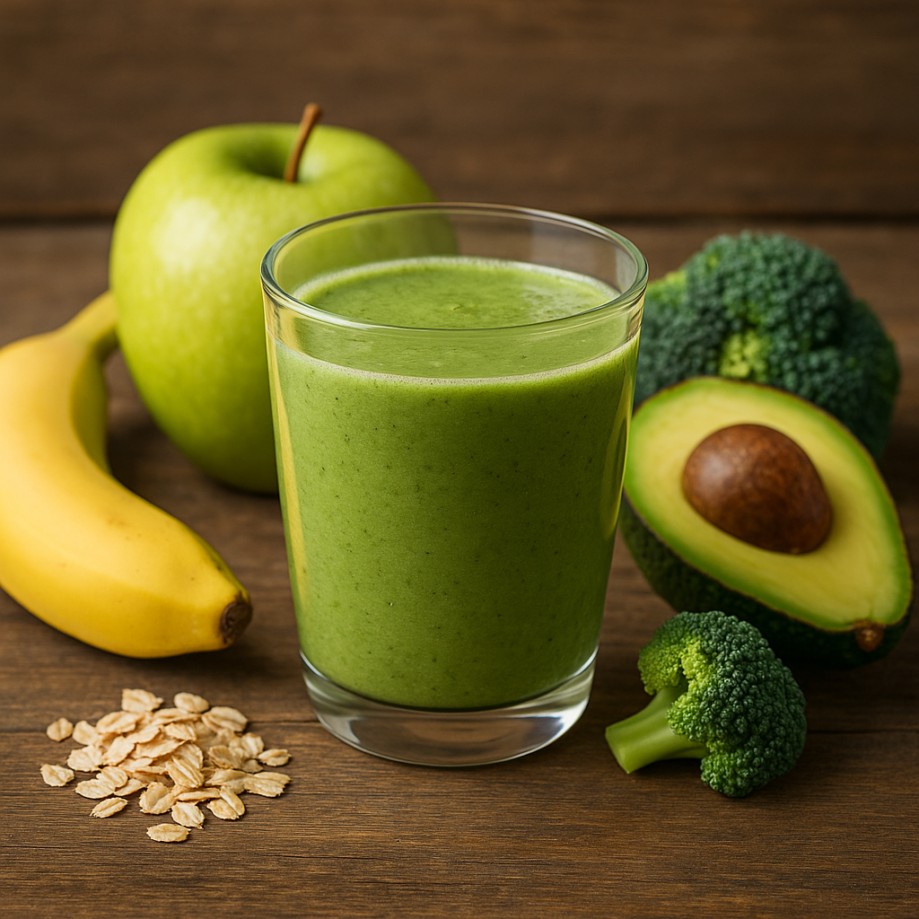 프리바이오틱스 주스와 바나나, 사과, 아보카도, 브로콜리, 귀리가 어우러진 장 건강 이미지
