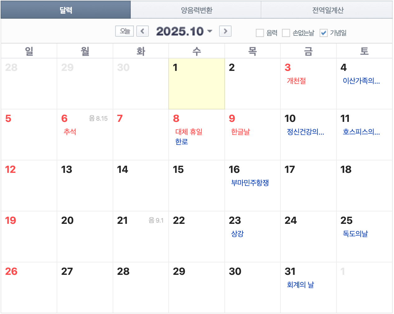 2025년 공휴일수 휴무일 알아보기