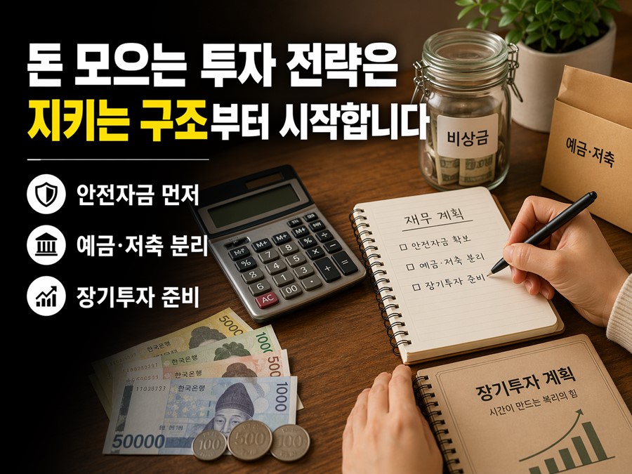 안전자금, 예금과 저축, 장기투자를 구분해 돈 모으는 투자 전략의 기본 구조를 이해하는 방법을 보여주는 체크리스트형 이미지입니다.