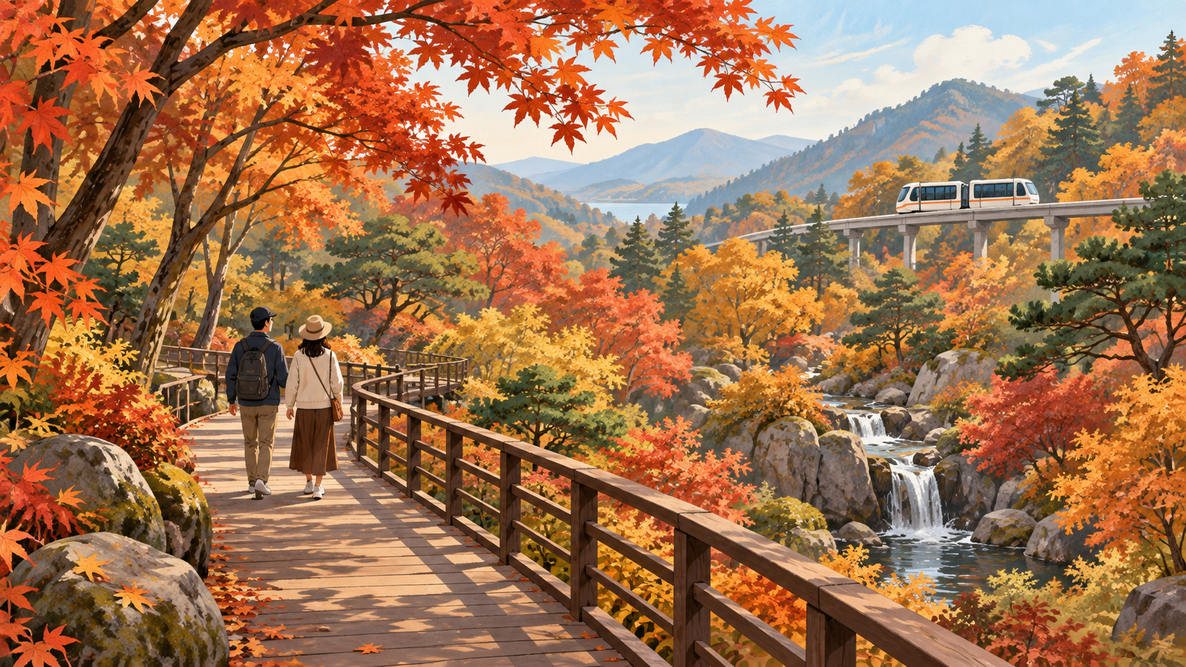가을 숲 데크길을 걷는 두 사람과 멀리 운행하는 모노레일을 그린 일러스트