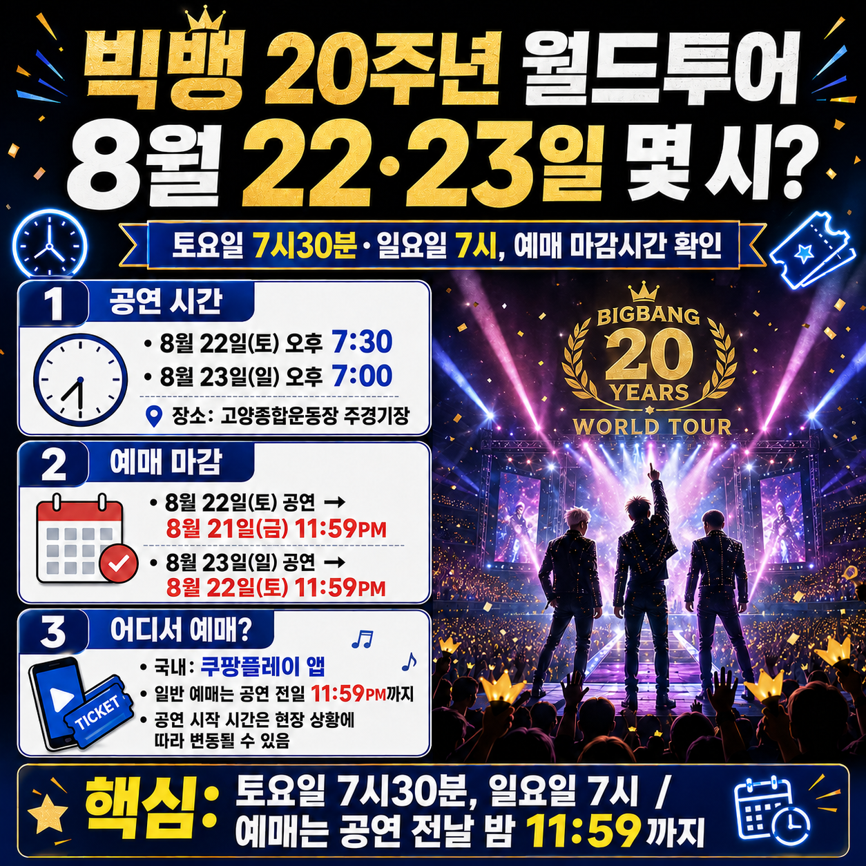 빅뱅 20주년 월드투어 8월 22&middot;23일 몇 시? 토요일 7시30분&middot;일요일 7시, 예매 마감시간 확인