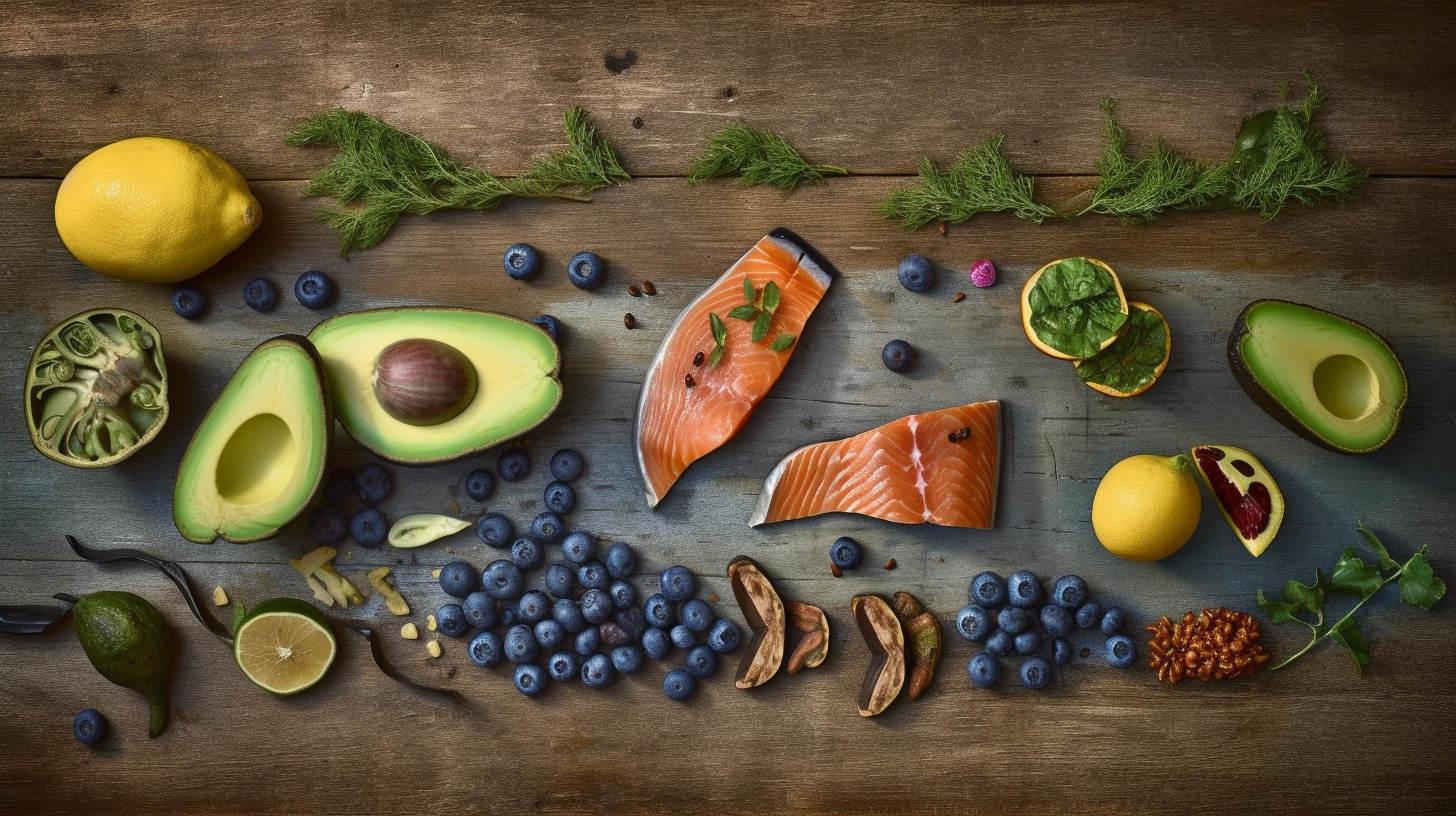 슈퍼푸드 중 5가지 대표음식들이 놓여져 있는 식탁