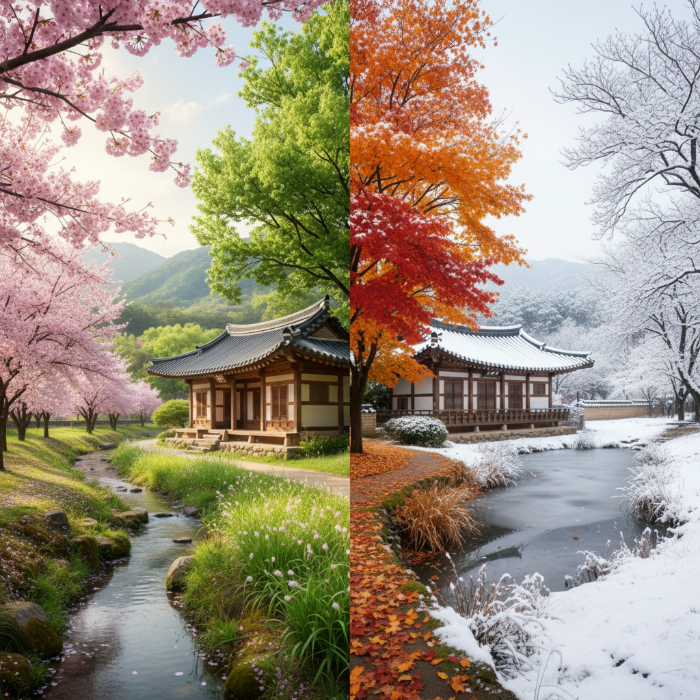 한국의 전통 가옥인 한옥을 배경으로 봄, 여름, 가을, 겨울의 사계절 풍경이 조화롭게 어우러진 이미지
