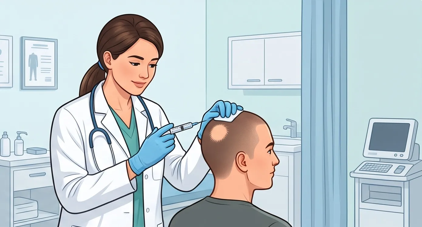 원형탈모 환자의 두피에 주사 치료를 시행하는 의사