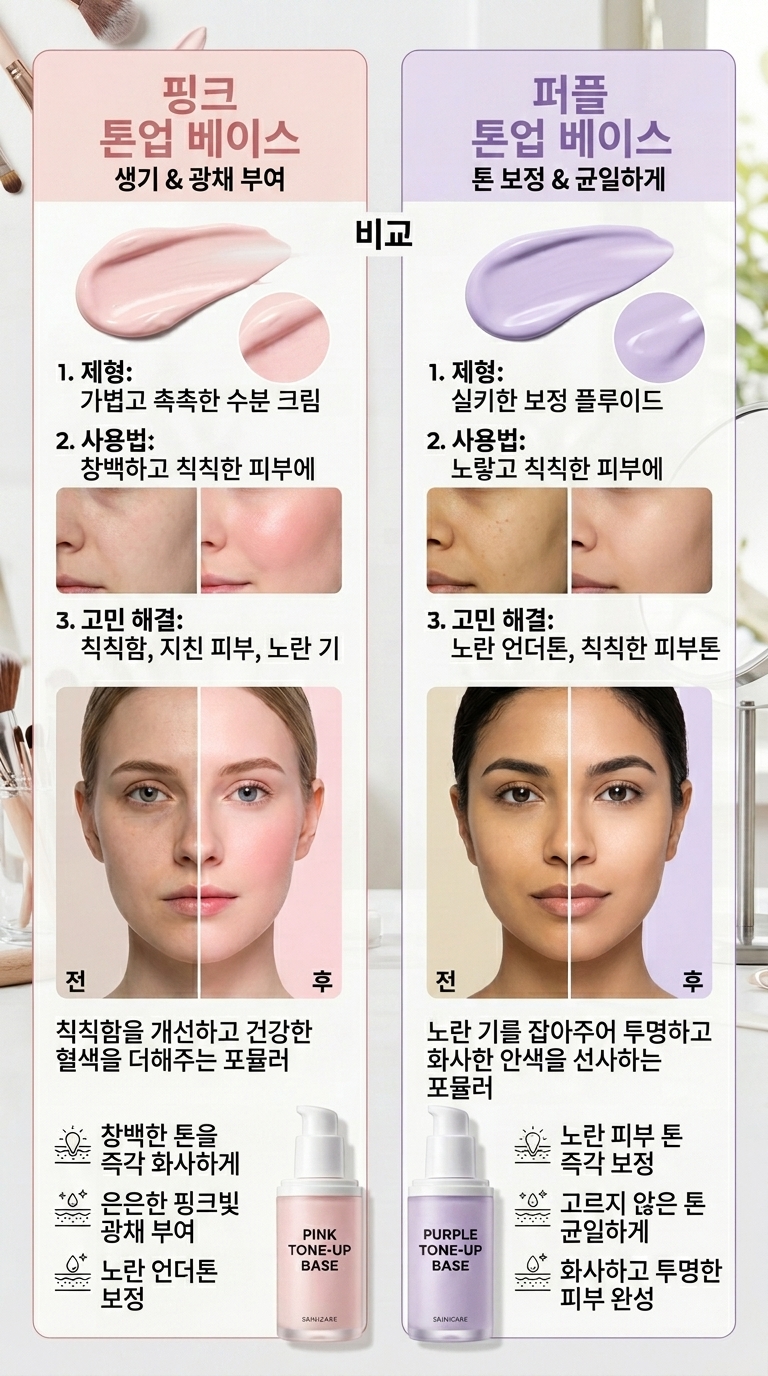 핑크색과 보라색 톤업 베이스 제형의 시각적 비교