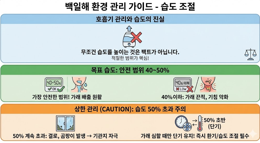 백일해 환경 관리 가이드 중 습도 조절 설명 이미지, 목표 습도 40~50%와 과습·과건조 주의 사항 정리