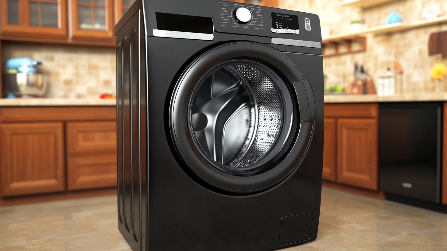 현대적인 주방에 배치된 고급스러운 블랙 색상의 삼성 WF24T8000KV 세탁기의 세련된 이미지