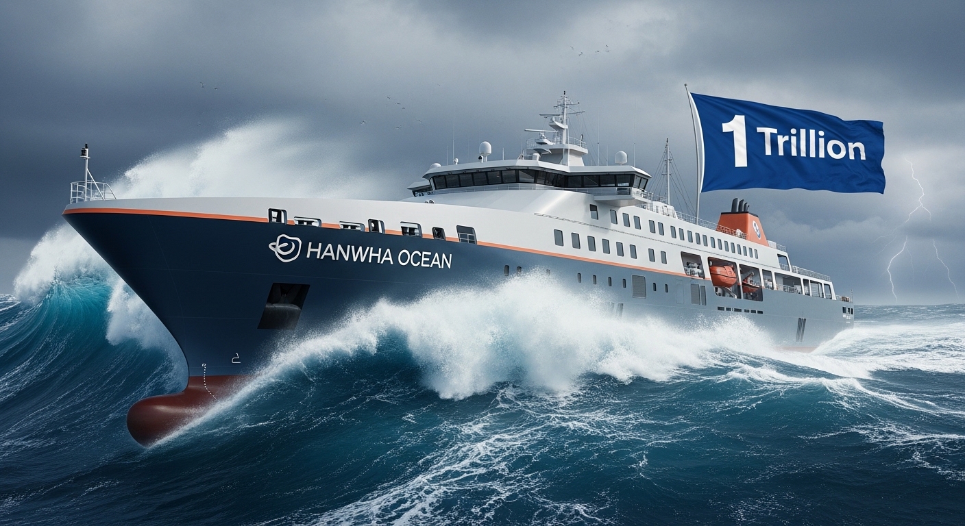 Dynamic illustration of a cutting-edge Hanwha Ocean ship cutting through huge waves, with a '1 Trillion' flag flying at the bow.