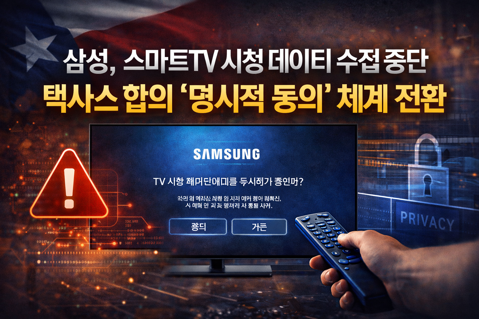 삼성전자가 텍사스주와 합의하며 스마트TV ACR 기반 시청 데이터의 자동 수집&middot;처리를 &lsquo;명시적 동의&rsquo; 없이는 중단하기로 했습니다. 다크 패턴 논란, 동의 화면 개선, 정책 변화의 의미를 정리합니다