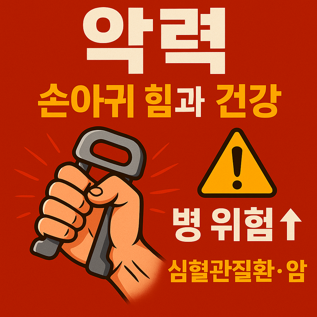&ldquo;손아귀 힘을 측정하는 손의 일러스트와 경고 아이콘이 있는 붉은 배경의 인포그래픽. 악력 저하가 심혈관 질환 및 암 위험 증가와 연결된다는 메시지를 강조한 이미지.&rdquo;
